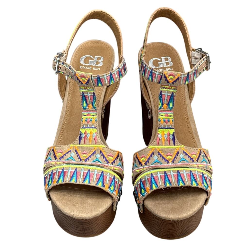 Gianni Bini Retro Glam Aztec Print 5" Wood Platform Heel T-Strap Sandal Women 9 - Picture 2 of 8